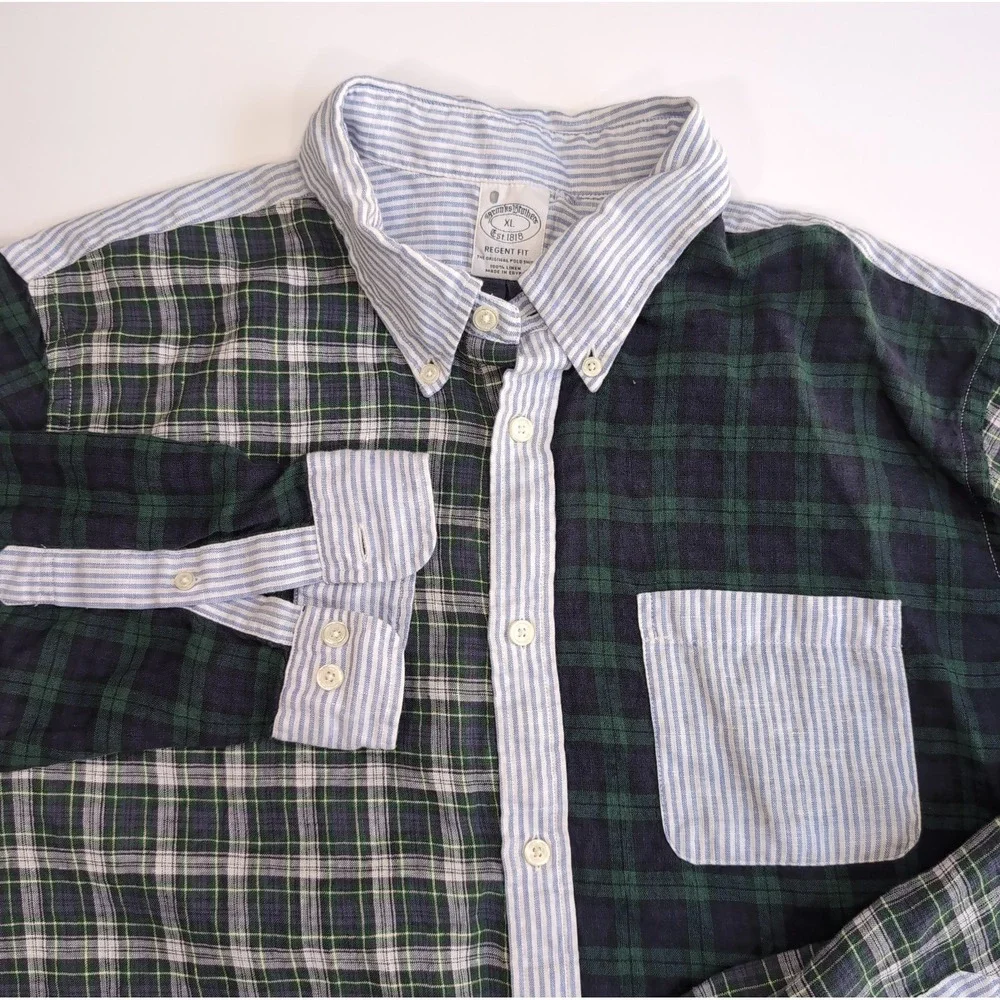 Brooks Brothers Fun Shirt Mens XL Baird McNutt Linen Patchwork Plaid Stripe